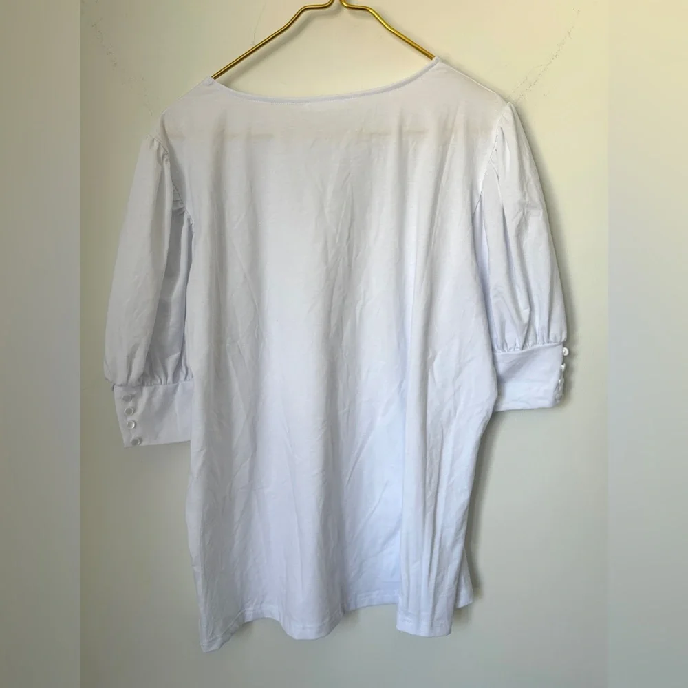 NWT Simple Fun Bright White Puff Sleeve Button Detail T-Shirt Casual Blouse XL - Picture 3 of 6
